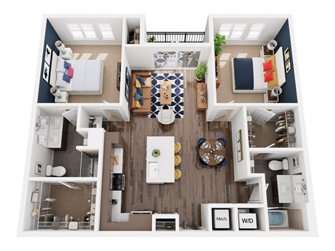 Floor plan for 2 beds, 2 baths, 1157 sqft